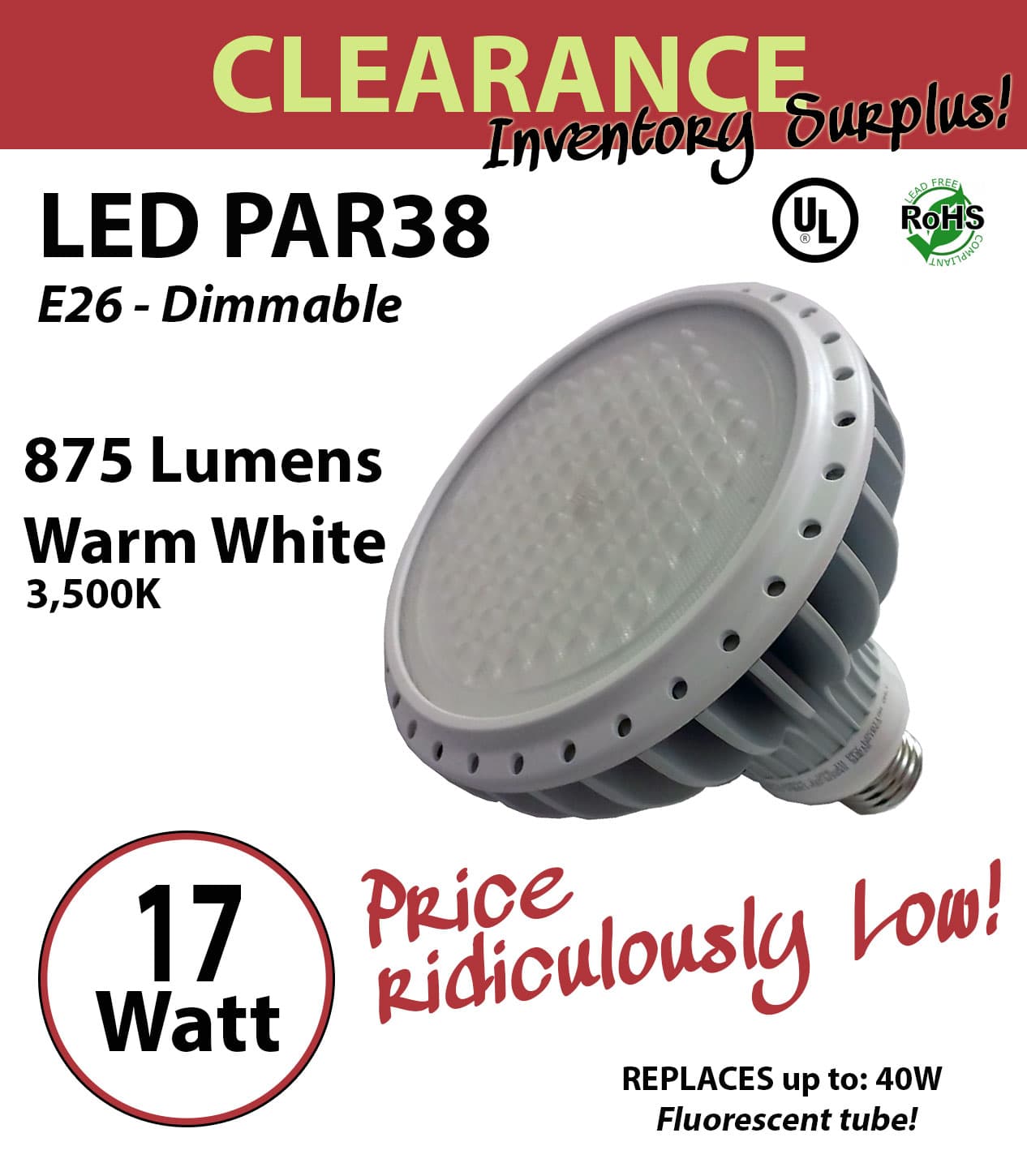 17 Watt LED PAR 38 Design Energy Efficient Indoor Replacement Bulb 100 dimmable
