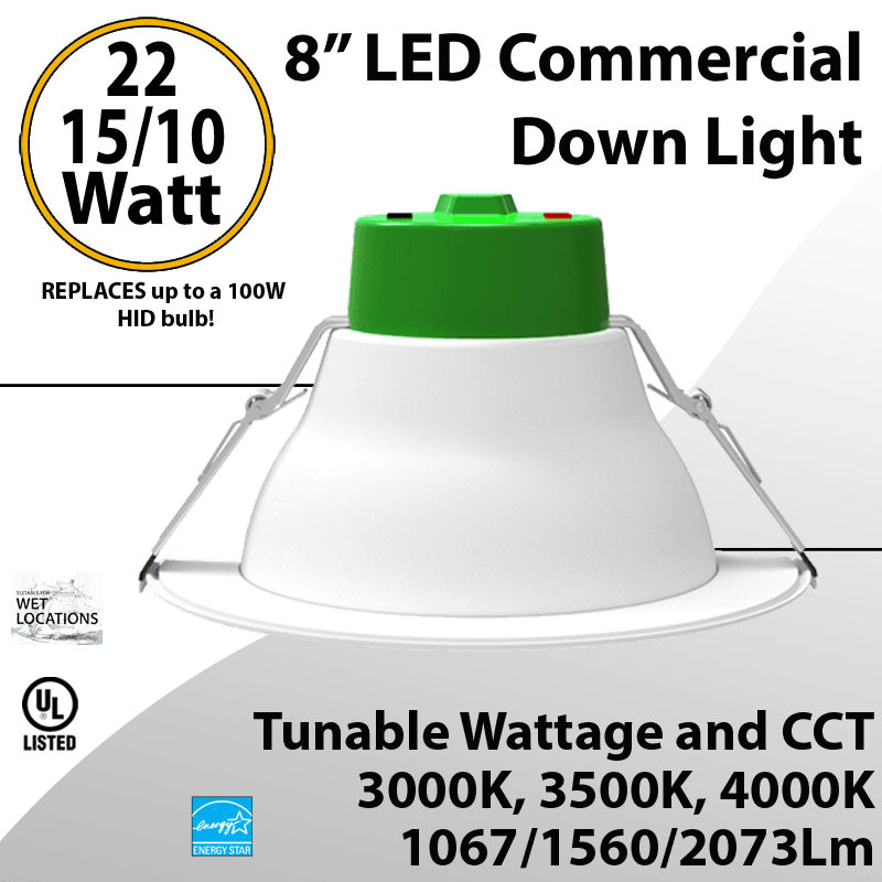 LED Downlight 8" 10W/15W/22W 1067/1560/2073Lm 30K/35K/40K 0-10V Dim