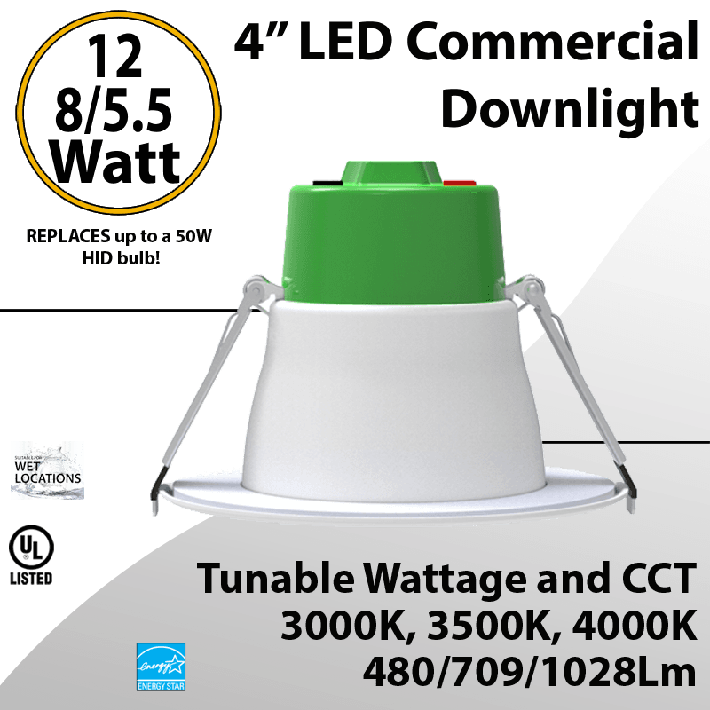 LED Downlight 4 inch 5.5/8/12W 480/709/1028Lm 30K/35K/40K 0-10V Dim