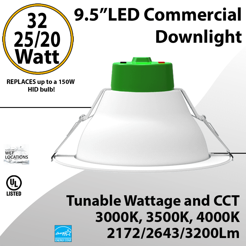 LED Downlight 9.5" 20W/25W/32W 2172/2643/3200Lm 30K/35K/40K 0-10V Dim