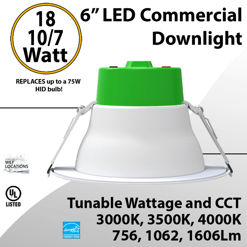 LED Downlight 6 inch 7W/10W/18W 756/1062/1606Lm 30K/35K/40K 0-10V Dim