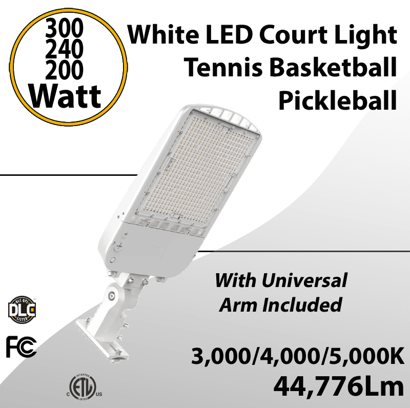 White LED Court Light 300/240/200W 3/4/5K W/ Universal Arm Included