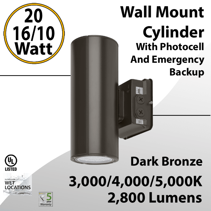 LED Wall Mount Cylinder Light 20/16/10W 3CCT 2800Lm Photocell Emergency