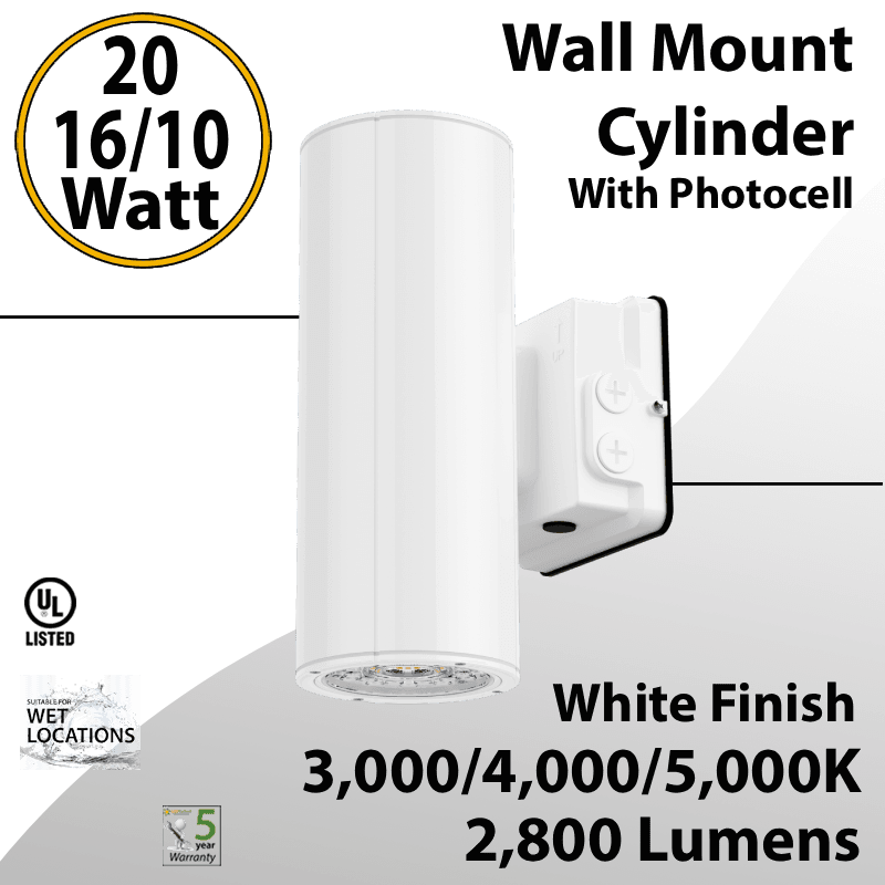 LED Wall Mount Cylinder Light 20/16/10W 3CCT 2800Lm Photocell White Finish