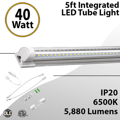 Efficient Integrated LED Tube Light 5Ft, 40W, 5880Lm, 6500K Clear Lens