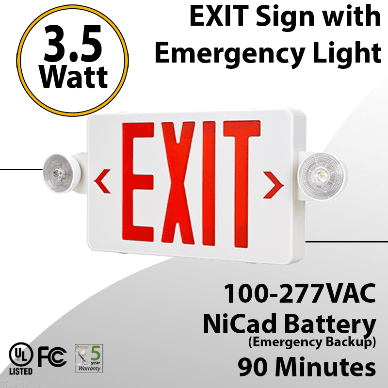 LED EXIT sign with Emergency Light Combo 90 minute discharge 3.5W with Battery