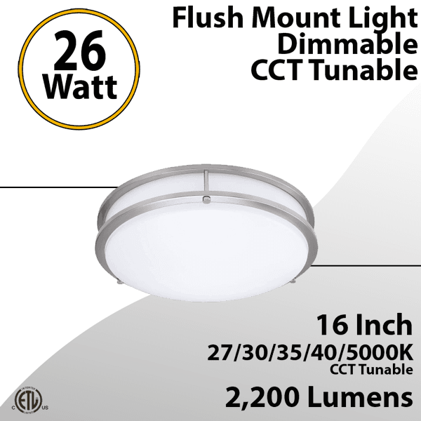 26W Energy Efficient Interior Ceiling Light 27-5000K 2200Lm 16'' Nickel