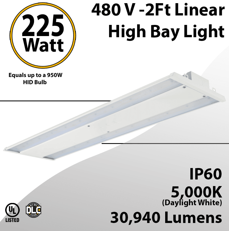 480V LED High Bay Light: 225W, 30,940 Lumens, 5000K, UL DLC Certified