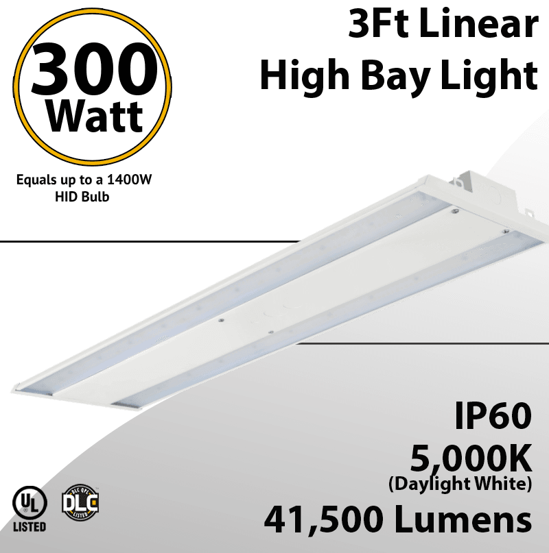 LED High Bay Light 300W, 3ft, 41500 Lumens, 5000K, UL DLC Certified