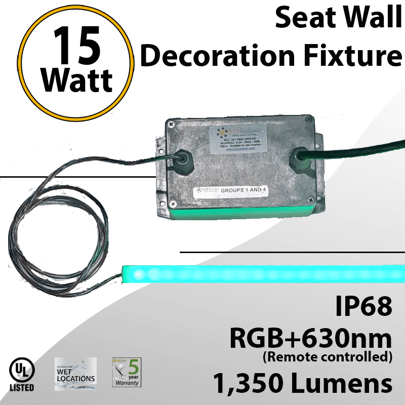 RGB - FIXTURE FOR SEATWALL and 20' whip SJOOW for electrical connection and IP68 UL Type 6 box for driver and controller. IP64 aluminum profile with lens and IP68 LED RGB strip for 2 layers of protection.