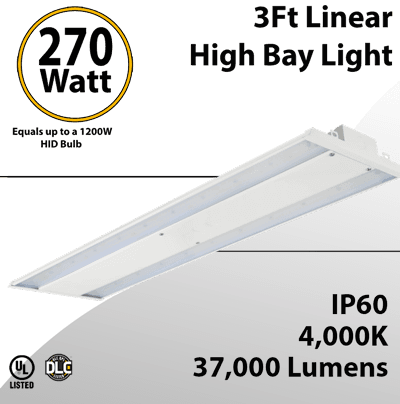 LED High Bay Light 270W 3Ft. 37000 Lumens, 4000K, UL DLC Certified