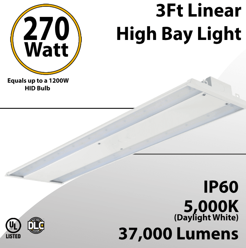 LED High Bay Light 270W 3Ft. 37000 Lumens, 5000K, UL DLC Certified