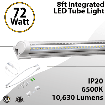 Integrated Industrial LED tube Light 8Ft Clear Lens 6500K 10630Lm 72W