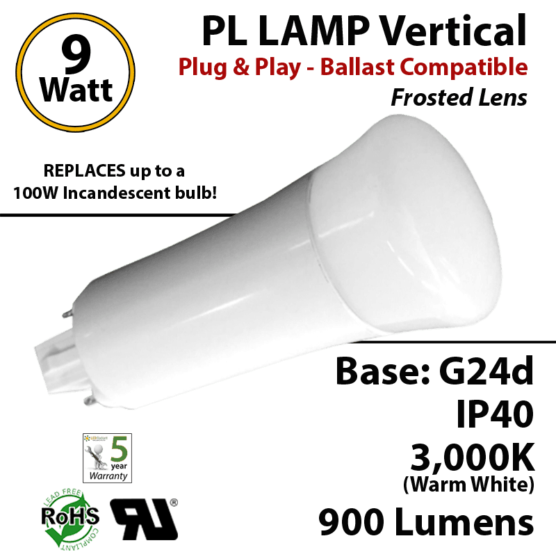 9W PL LED Lamp 900Lm 3000K Frosted Lens G24-d IP40 UL. Ballast compatible