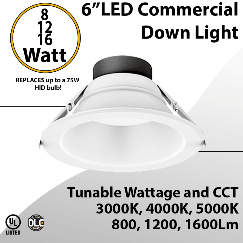 LED Downlight 6 inch 8W/12W/16W 1600Lm 30K/40K/50K 0-10V Dimmable