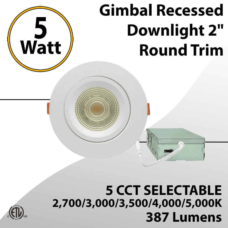 LED Gimbal Recessed Downlight 2" 5W Round Trim 27K to 50k Triac Dimmable