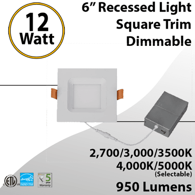 Recessed LED Light: 6 Inch 12W Square Trim 5 Dimmable Tunable CCT