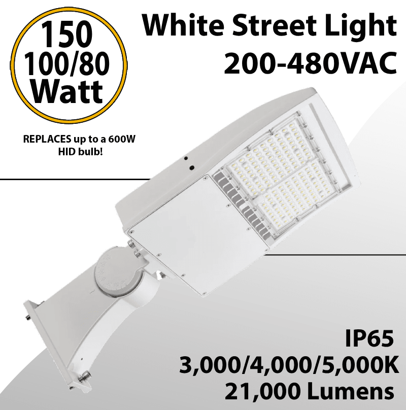 LED Street Light Fixture White 150/100/80W 200-480VAC 21000Lm 3 CCT