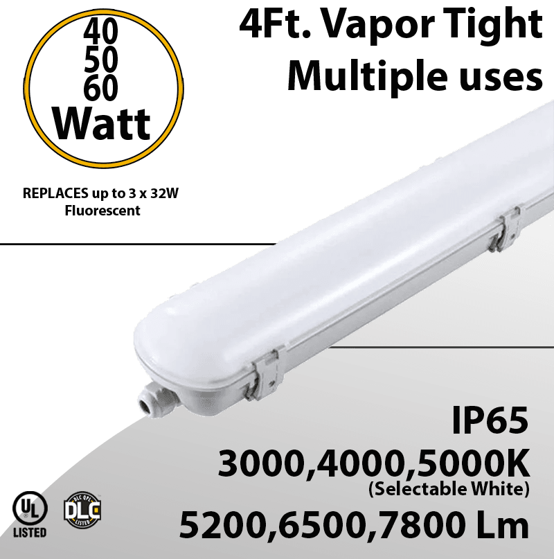 LED Vapor Tight Fixture 40 50 60W Plastic 7800 Lm 3000 4000 5000K IP65 UL