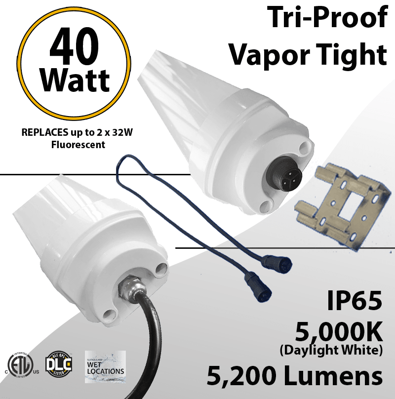 LED Vapor Tight Fixture 40W Plastic 5200 Lumens 5000K Frosted Lens IP65