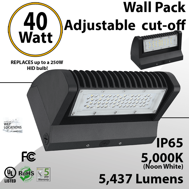 LED Wall Pack 40W 5437 Lumen Adjustable Cut-Off 5000K
