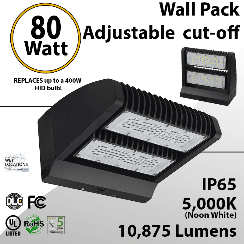 LED Wall Pack 80W 10875 Lumen Adjustable Cut-Off 5000K