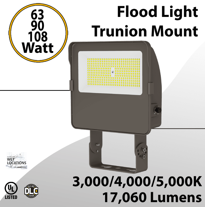 LED Flood Light Trunion 63W 90W 108W 17060Lm 30K 40K 50K UL Photocell