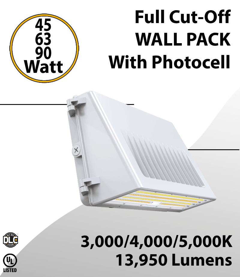 Led Wall Pack Full Cut-Off White Finish 45/63/90W 3000K/4000K/5000K w/Photocell