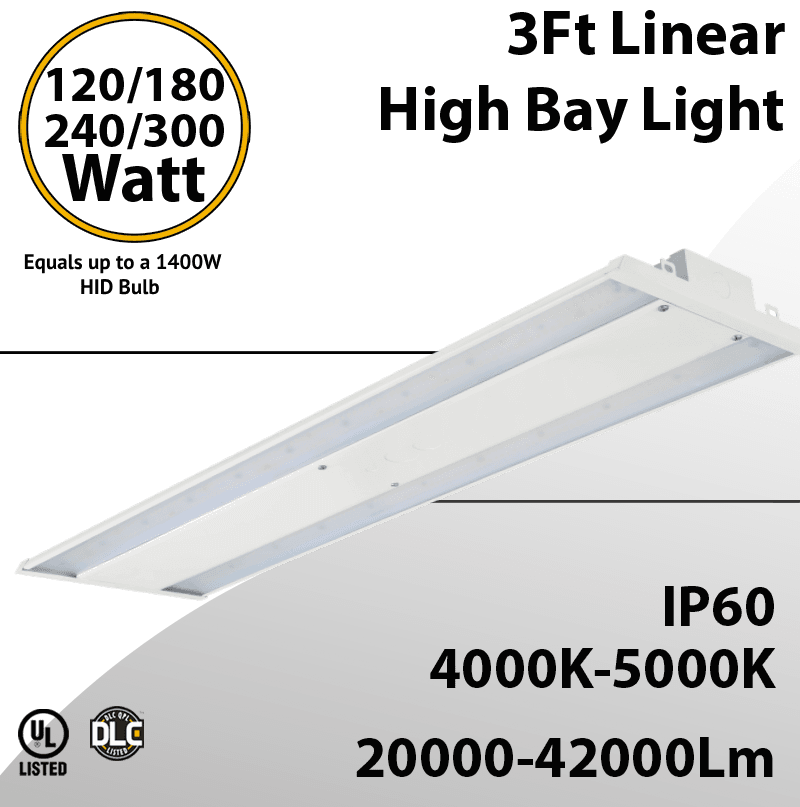 LED High Bay Light 3Ft. 120W to 300W 42000 Lm 4000K 5000K Sensor Ready