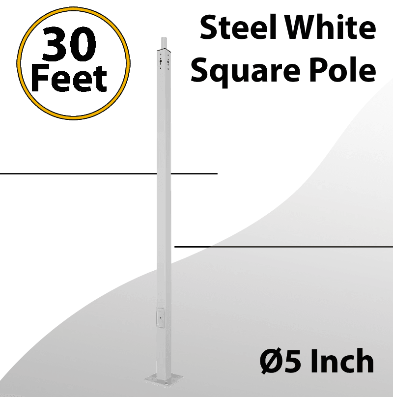 Steel White Square Pole 30 Foot - 5 Inch 11G