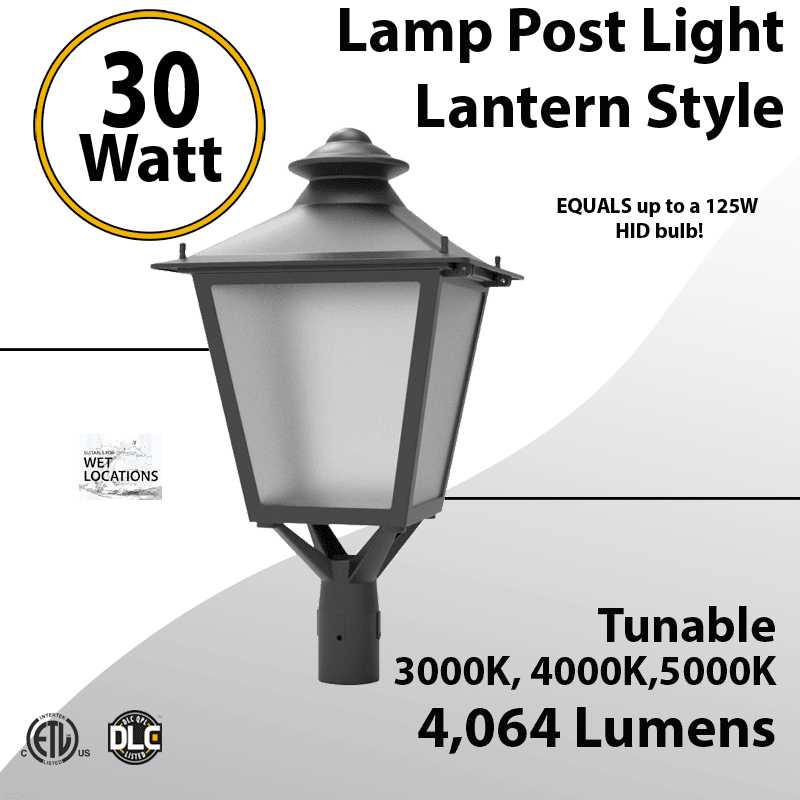 LED Post Light 30W LED Lantern Style 4064Lm 3000K 4000K 5000K ETL DLC
