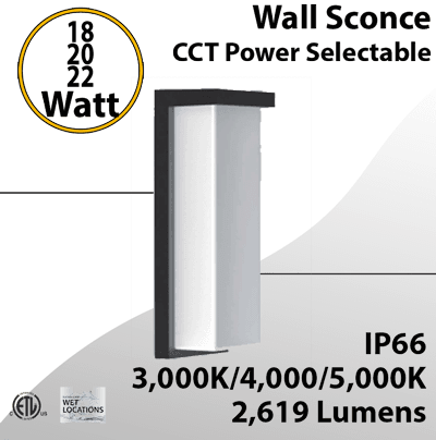 Outdoor LED Wall Sconce, 3K/4K/5K, 18/20/22W, 2619lm, IP66, 14"x5"