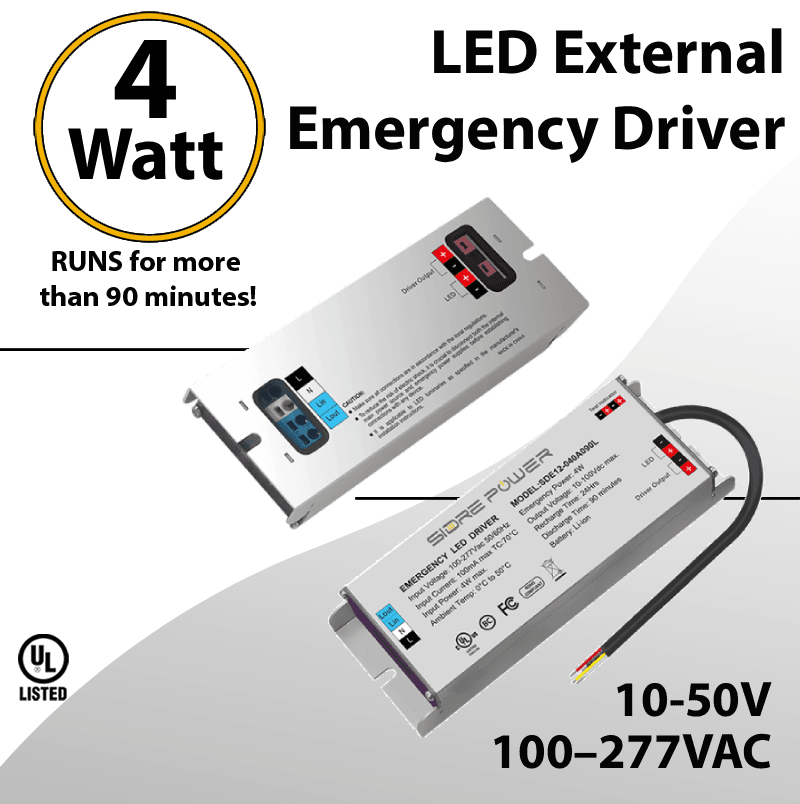LED External Emergency Driver 4W output 10-100V DC UL 100–277VAC