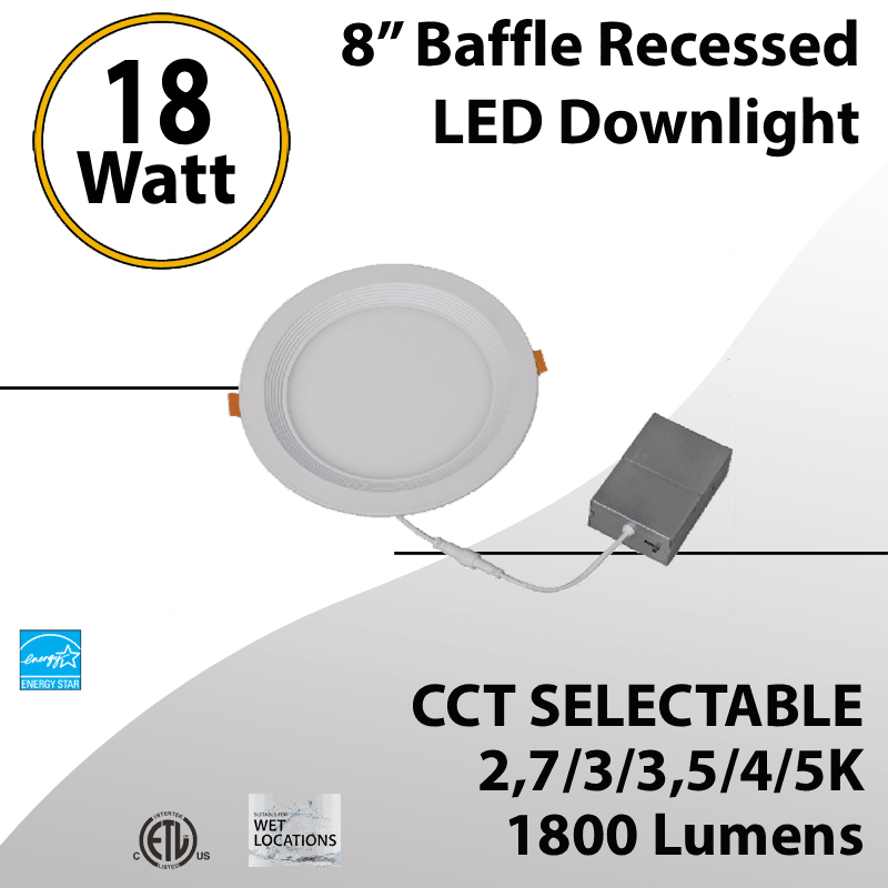 Recessed Downlight Round 8" Baffled 18W 1800Lm 100-277V 5CCT