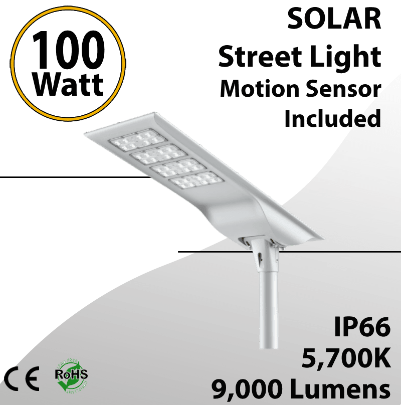 Solar Street Light 100W 9000Lm 12V 30AH Microwave M. Sensor Included