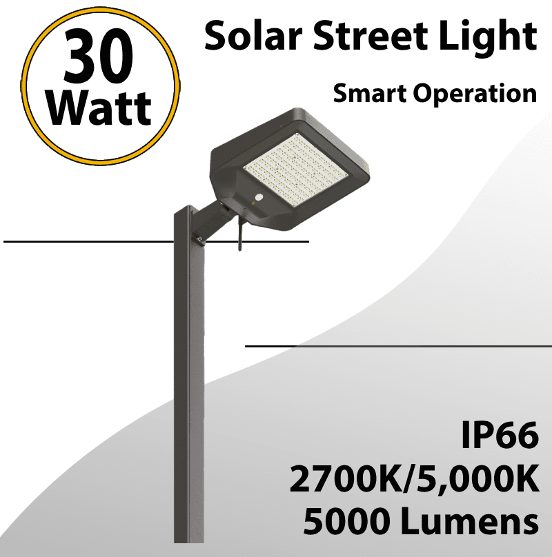 Solar Street Light 30W 5000Lm 2700K-5700K Smart Operation