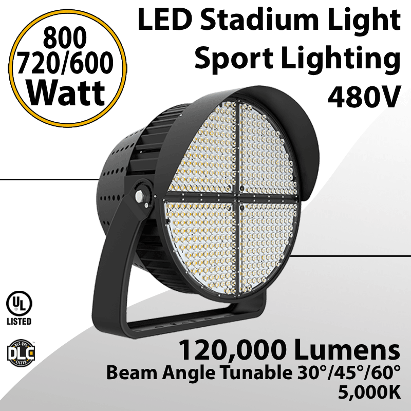 Stadium Light 480V Tunable 800/720/600W 5000K 120000Lm 30/45/60° Tunable