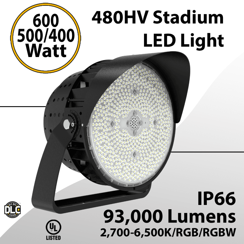 480V Stadium Lights Power Tunable 600W 500W 400W 93000 lumens IP66 UL DLC