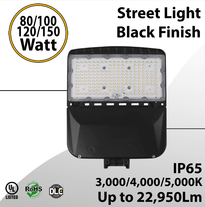 Street Light Black Finish 80 to 150W - CCT 3/4/5000K Up to 22,950Lm