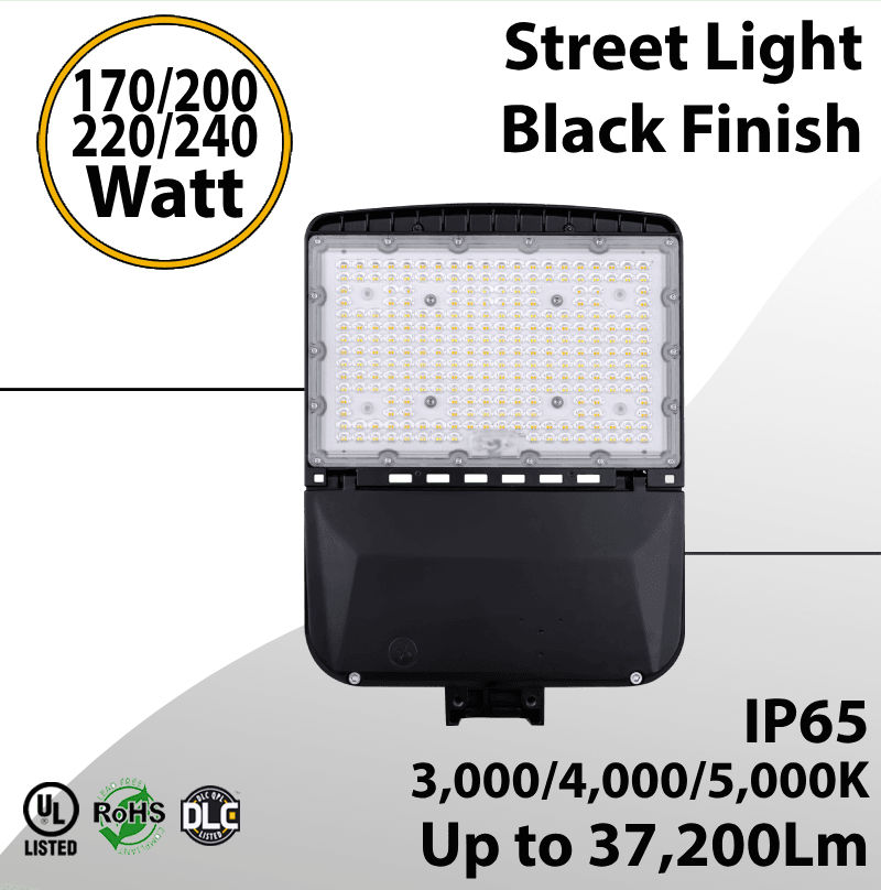 Street Light Black Finish 170 to 240W - CCT 3/4/5000k Up to 37,200Lm