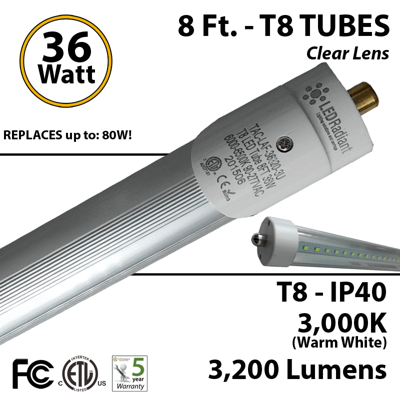 8Ft LED Tubes 36W T8 3200 Lm 3000K Clear IP40 Fluorescent replacement