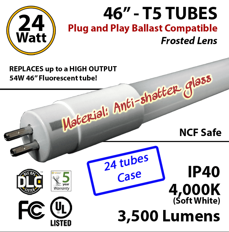 LED T5 Tube 24W Frosted 3500Lm 4000K Ballast Comp Plug & Play NCF Safe Case of 24