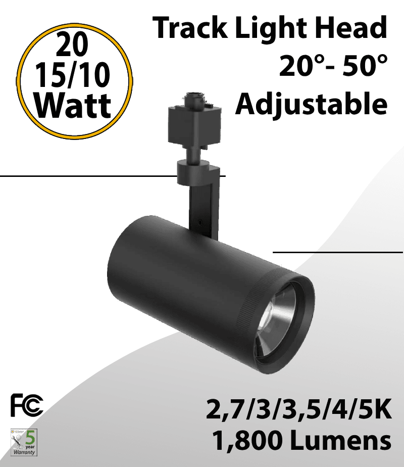 Track light Head 20/15/10W Black 20°- 50° Adjustable 27/30/35/40/50K
