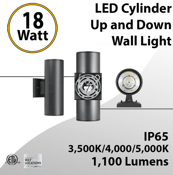 18W Black LED Cylinder Up and Down Wall Light 3CCT Dusk-to-Dawn Sensor