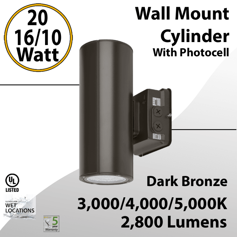 LED Wall Mount Cylinder Light 10/16/20W 3CCT 2800Lm Photocell