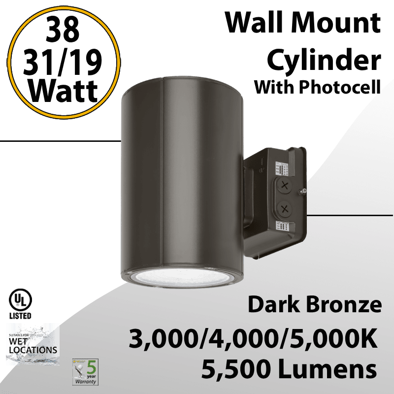 LED Wall Mount Cylinder Light 19/31/38W 3CCT 5500Lm Photocell