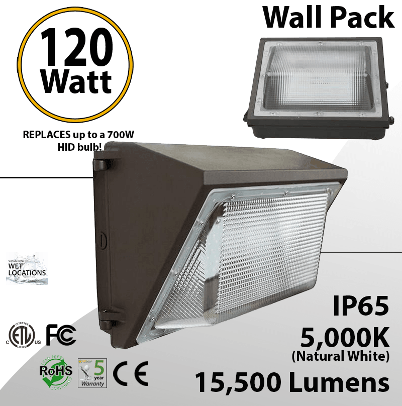 LED Wall Pack PC Lens 120W 15500 Lm DLC 5000K